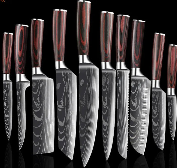 7Cr17 stainless steel kitchen knife with coloured wood handle and Damascus pattern blade on a black gift box.
