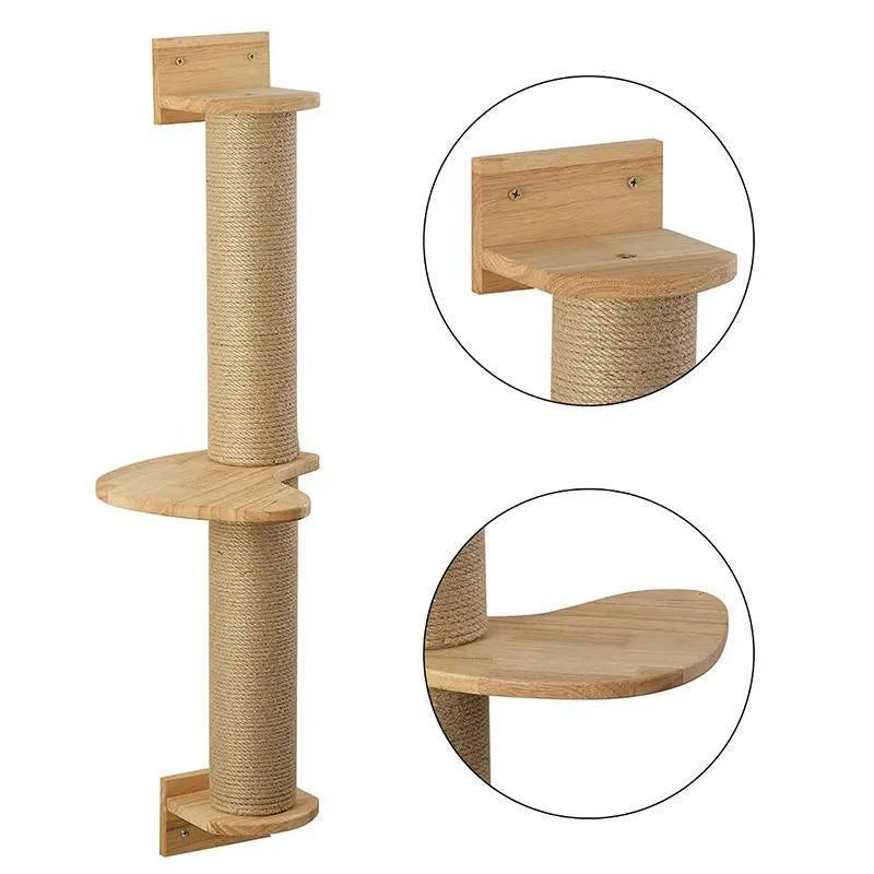 Wooden wall-mounted cat climbing frame with rope ladders and jumping platform in natural wood colour
