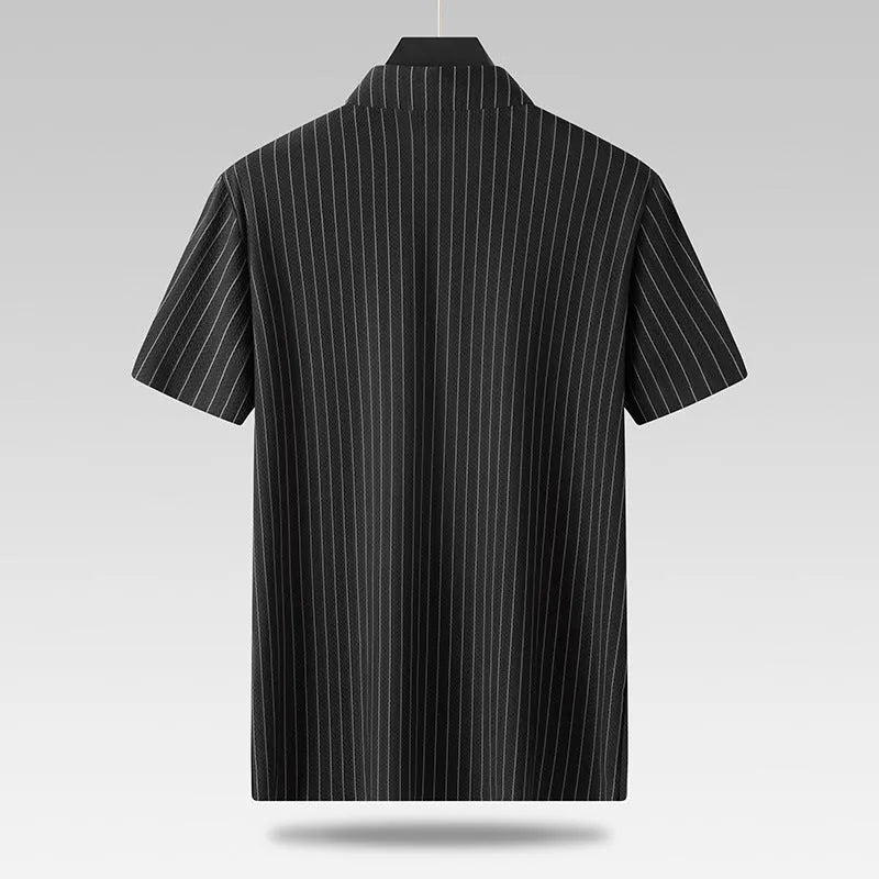 Men's black plus size loose-fit casual shirt with square collar and stripes