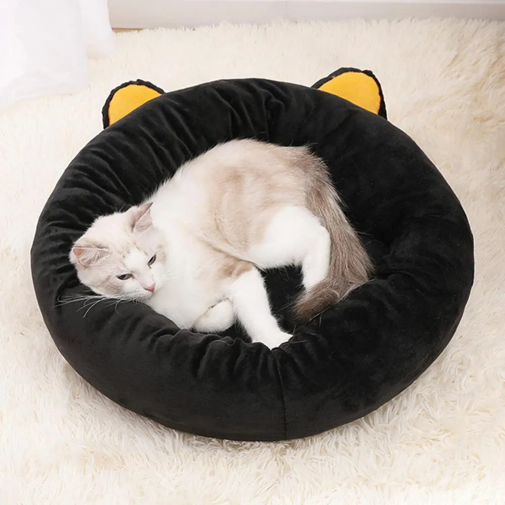 Black cat shape velvet pet nest bed with raised sides for cats