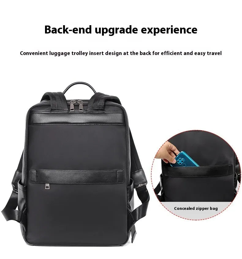 Black genuine leather men's laptop backpack with woven details and adjustable straps.