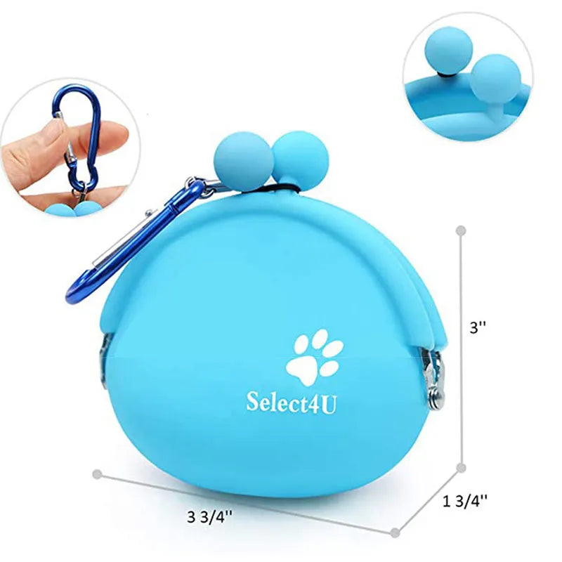 Yellow silicone dog training treat pouch with hook and loop closure, shown on a waist belt