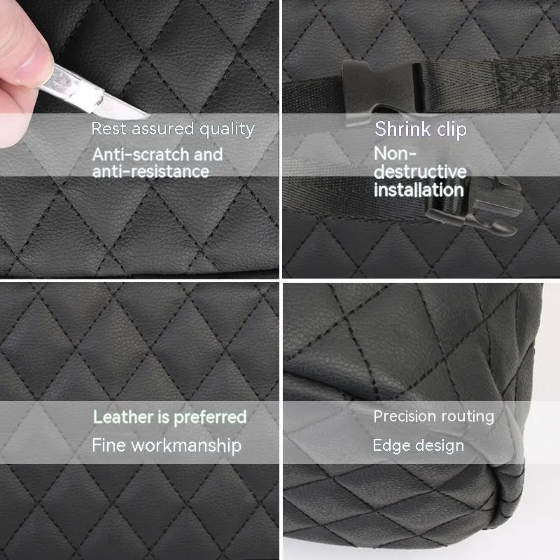 Black leather hanging storage bag for car interior, shown with dimensions