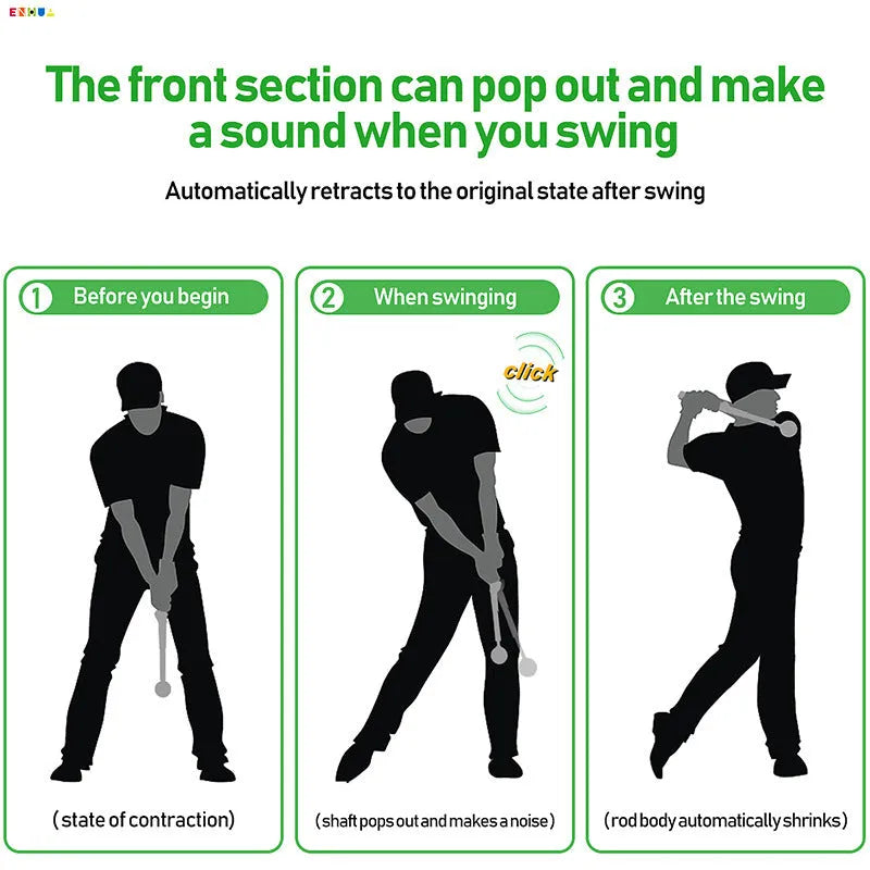 Telescopic golf swing trainer in stainless steel, shown extended for use