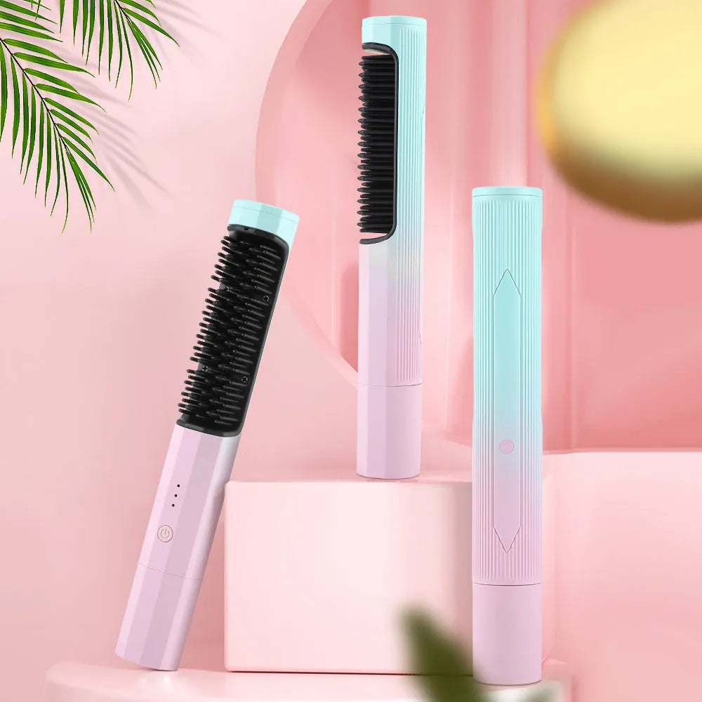 Pink cordless straightening comb with USB charging port and anti-scald design