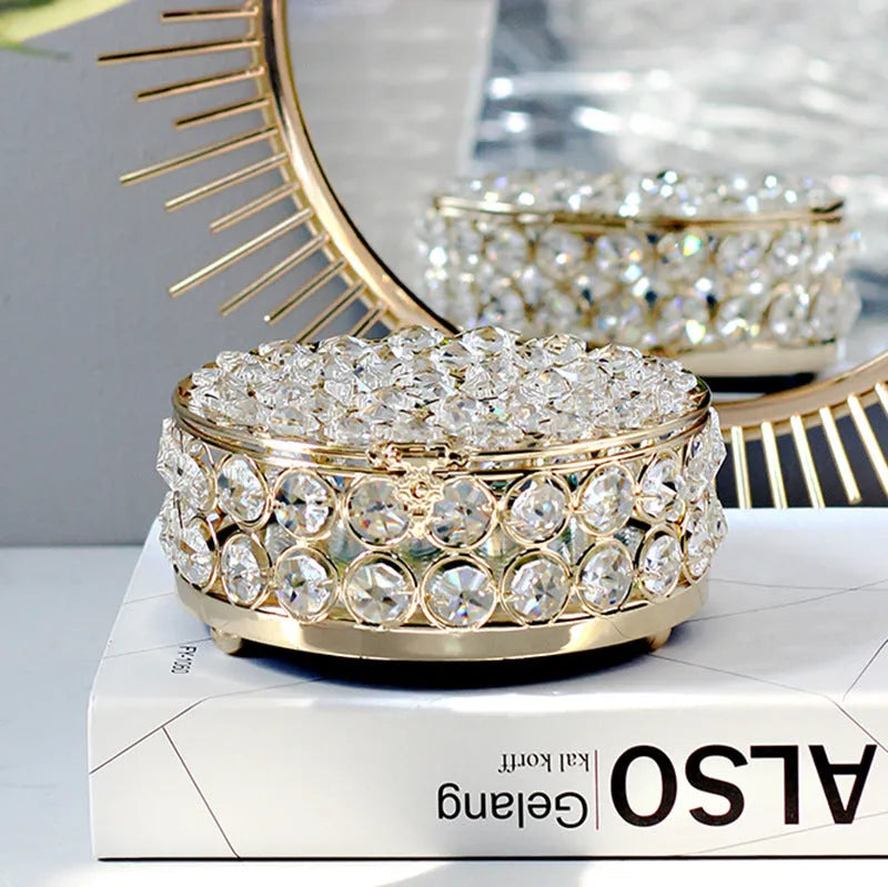European-style French gold iron jewellery storage box with a transparent crystal glass lid.