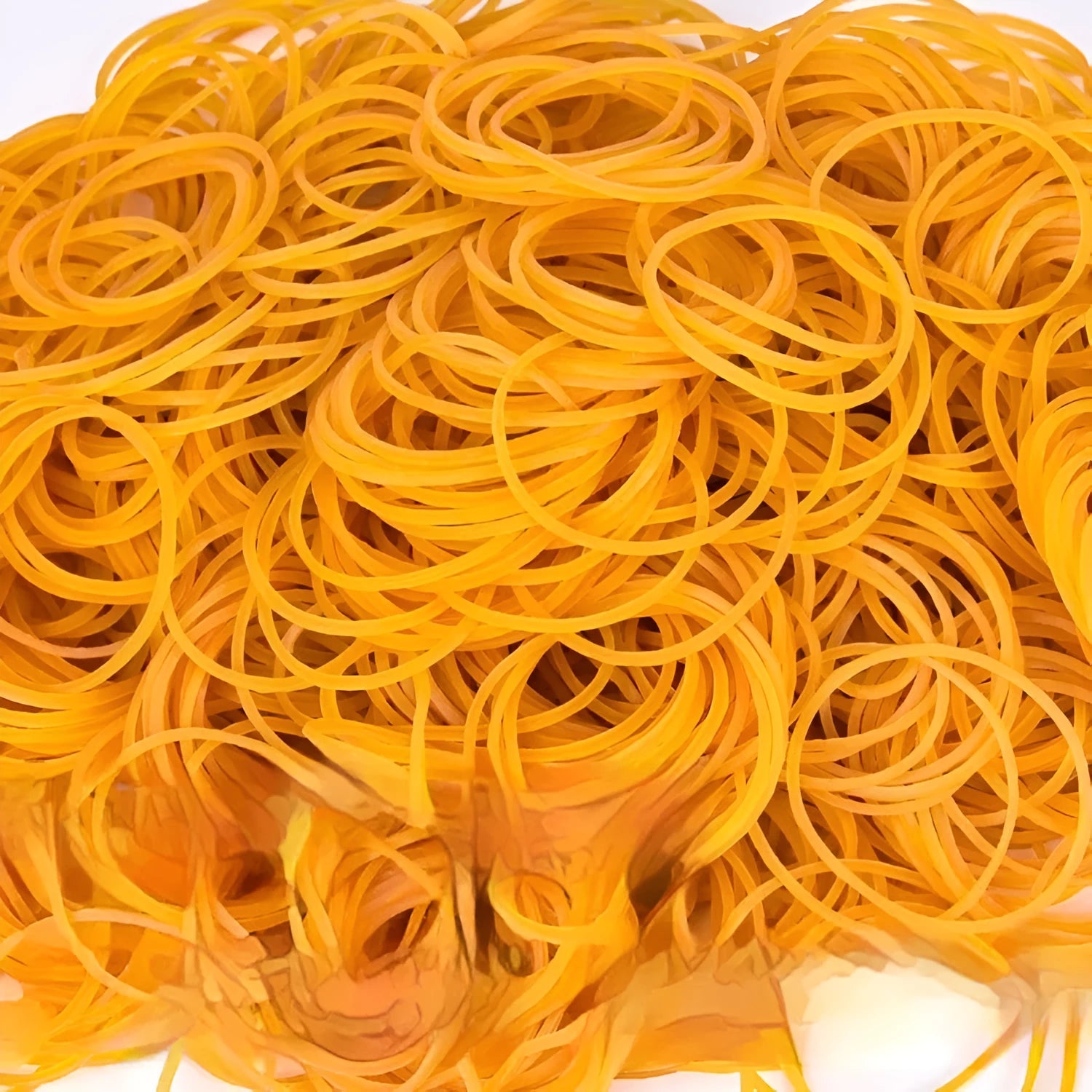 Yellow rubber bands in mixed sizes from 25mm to 70mm diameter in a 500g bulk pack