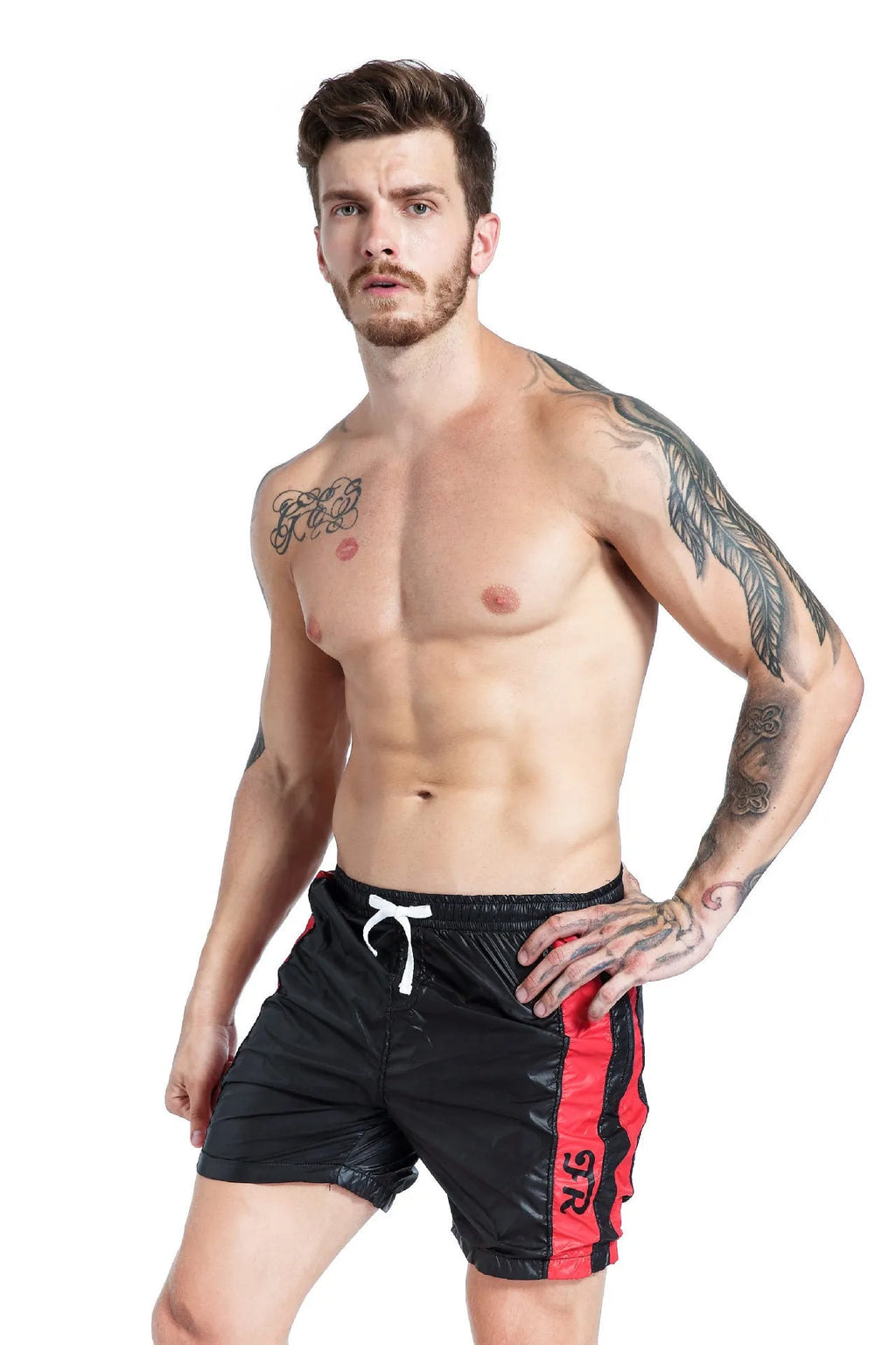 Men's blue lace-up sports shorts with padding on a white background.