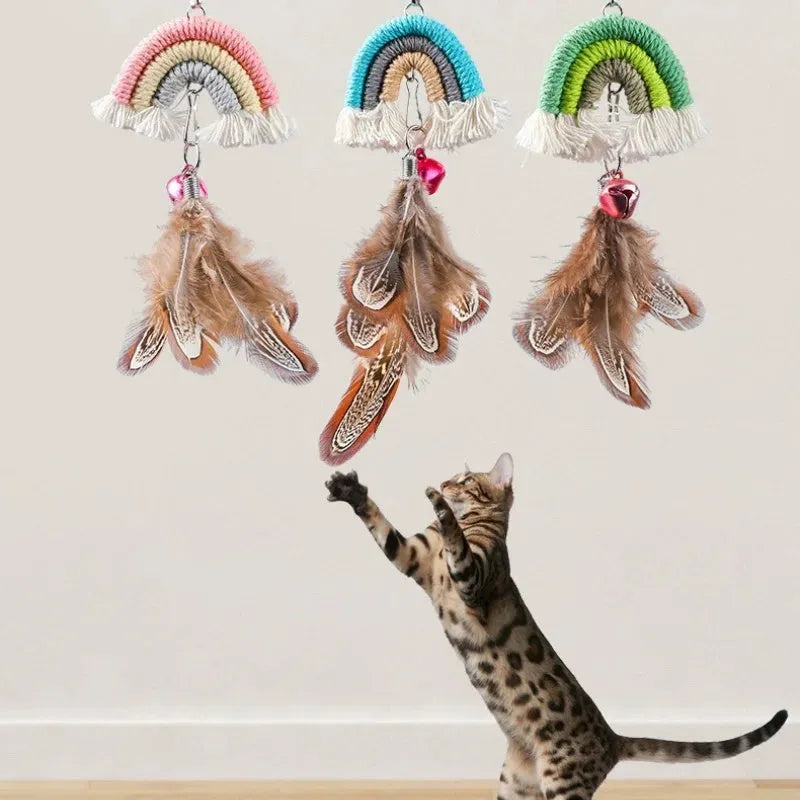 Feather cat rope door hanging toy with elastic swing and sticky buckle clamp in blue, green, or pink colours