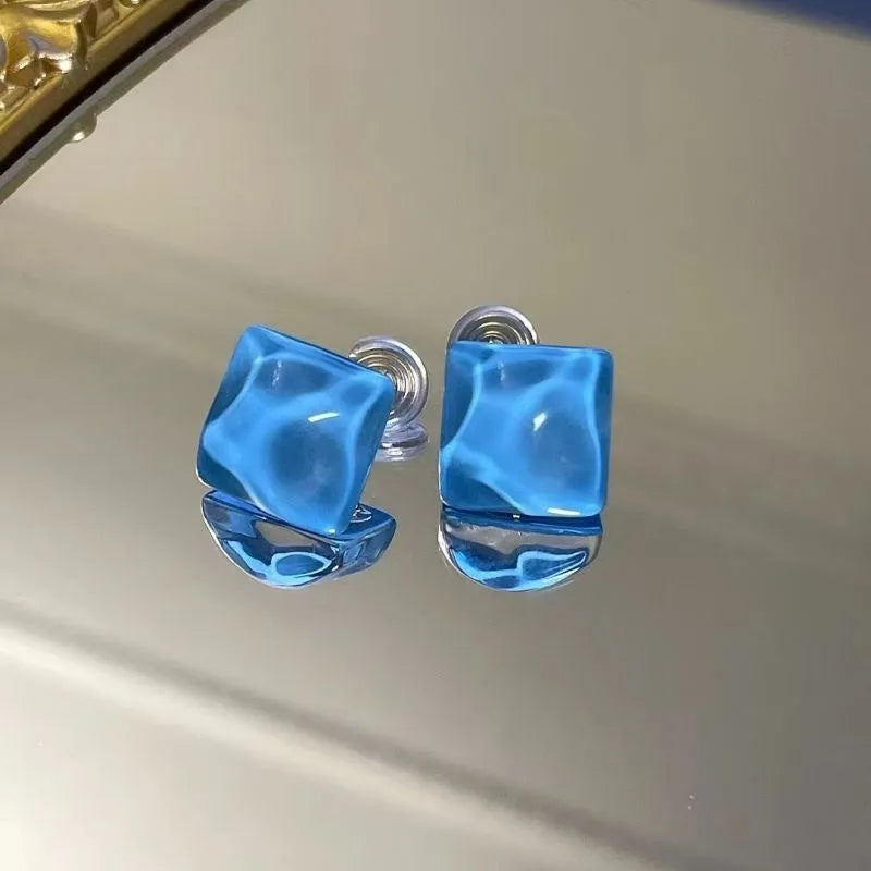 Geometric square water ripple blue earrings in ice blue alloy, unisex Korean style