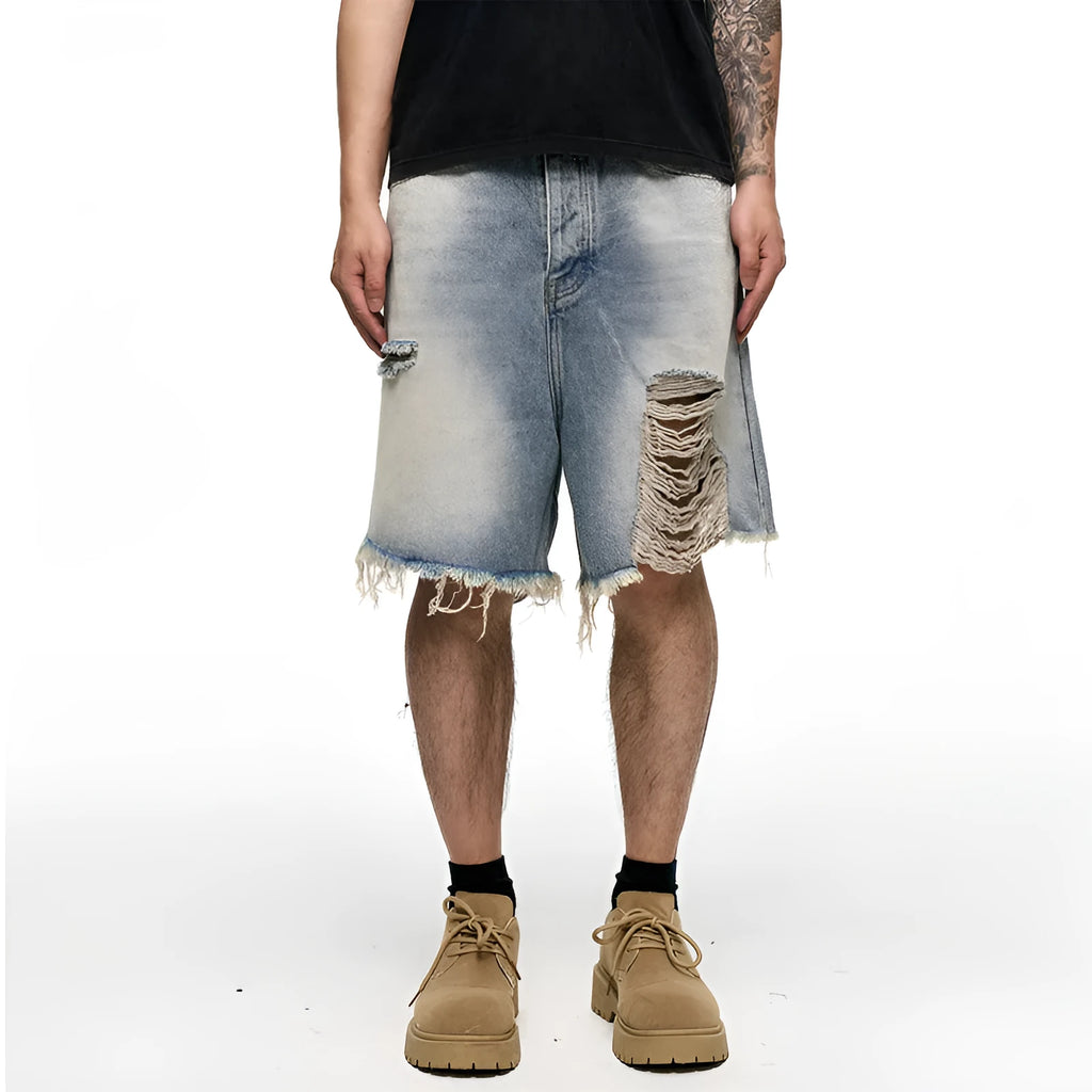Men's light blue retro washed baggy denim shorts on a hanger