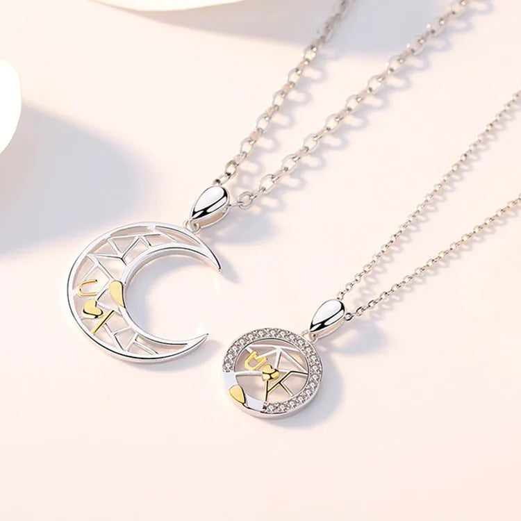 Sun Moon Tooth Couple Necklace with copper pendants on cross chain for men and women