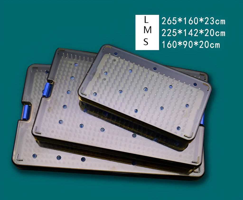 Three silicone disinfection boxes in different sizes with transparent lids.