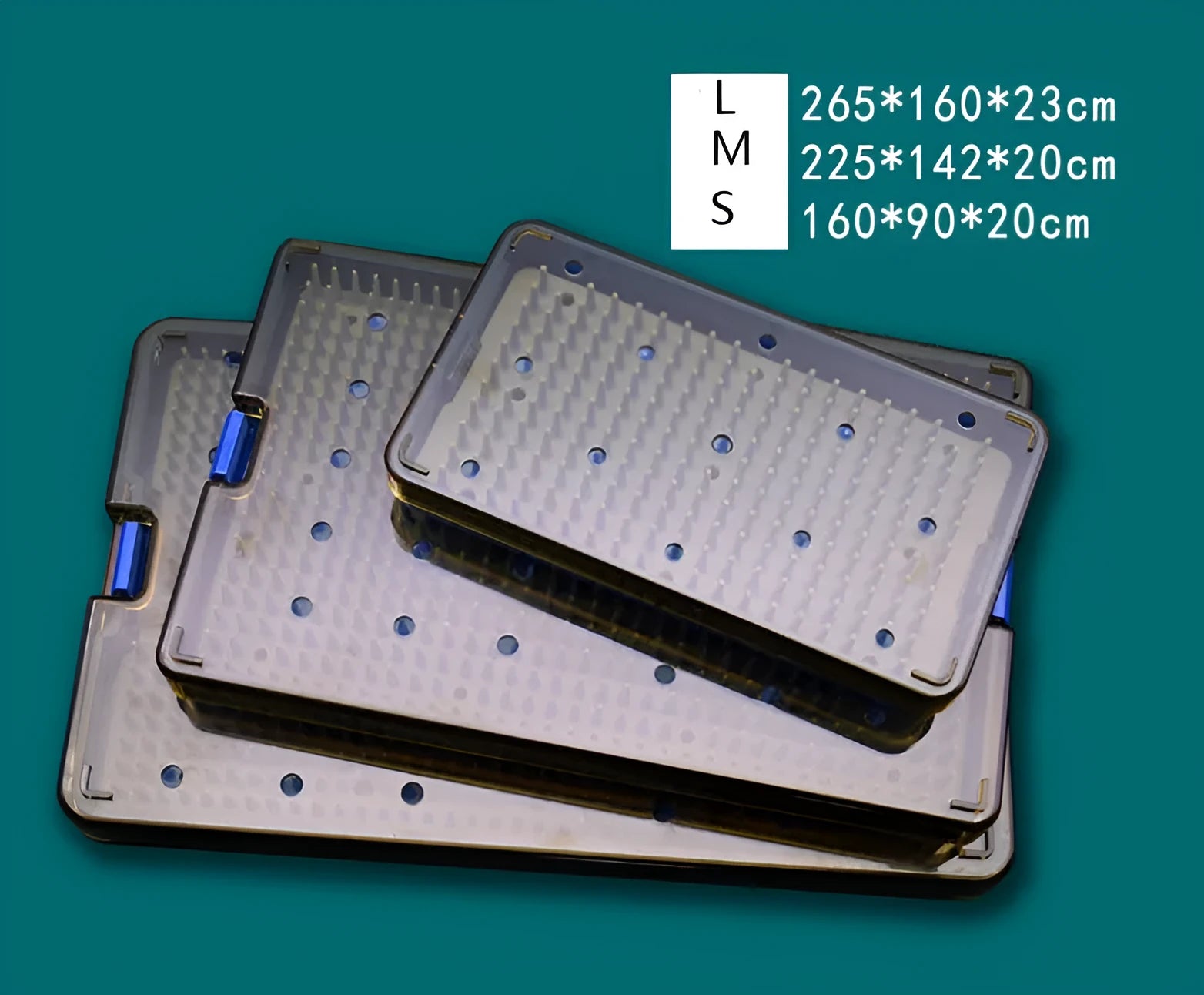 Three silicone disinfection boxes in different sizes with transparent lids.
