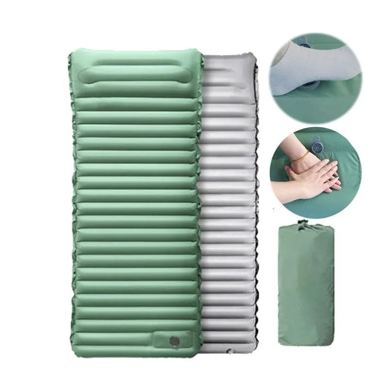 Single portable inflatable camping mattress in grey, shown at full 195cm length and 10cm thickness.