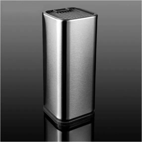 Stainless steel kitchen tool holder with detachable drain base, shown with knives and utensils stored inside.