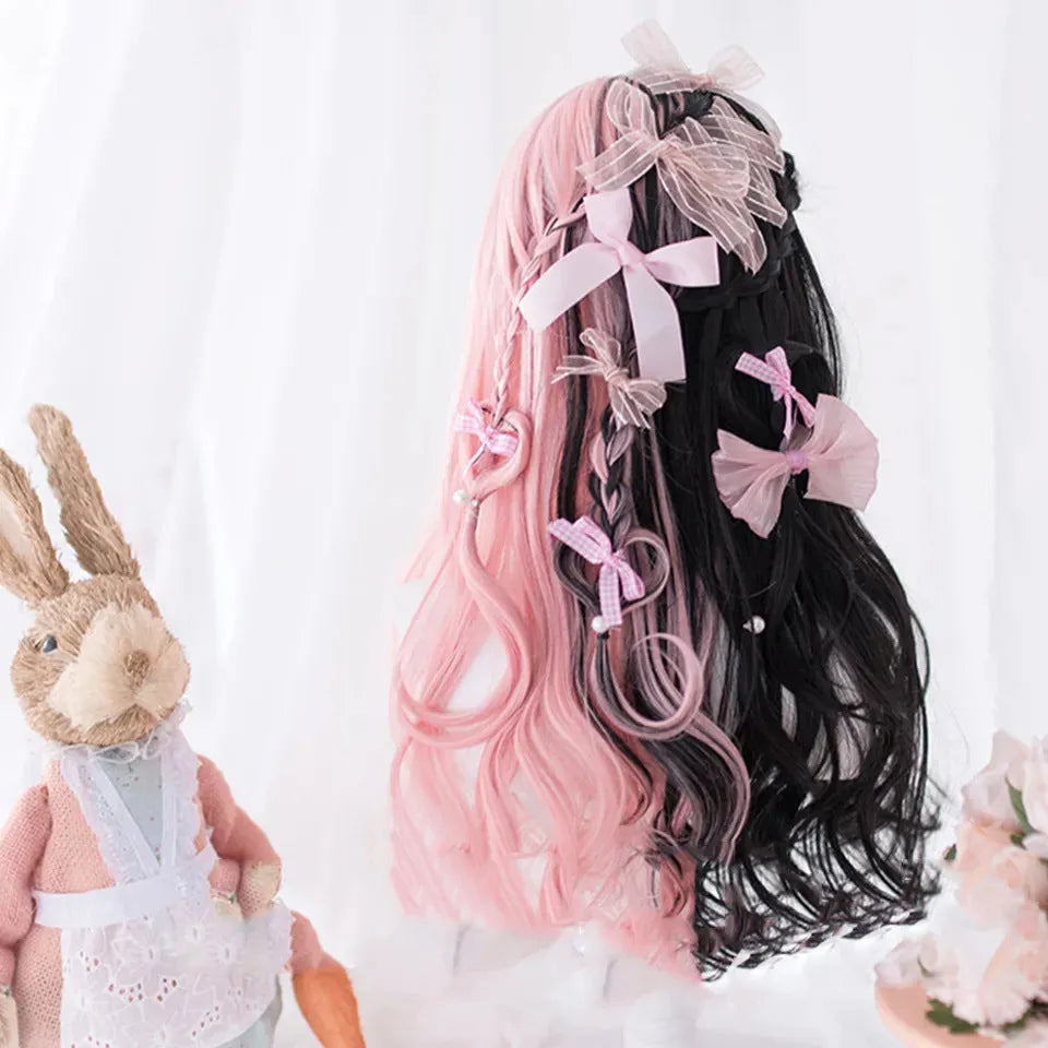 Harajuku Japanese Lolita cosplay wig with long Black Pink curly hair and fringe