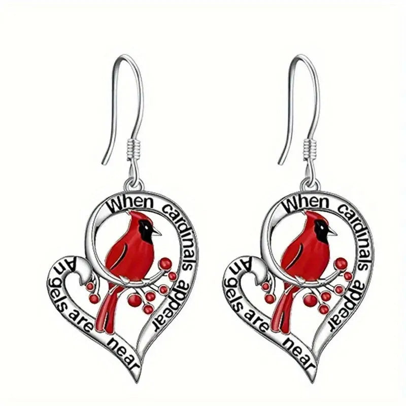 Silver alloy earrings with red love bird and water droplet design