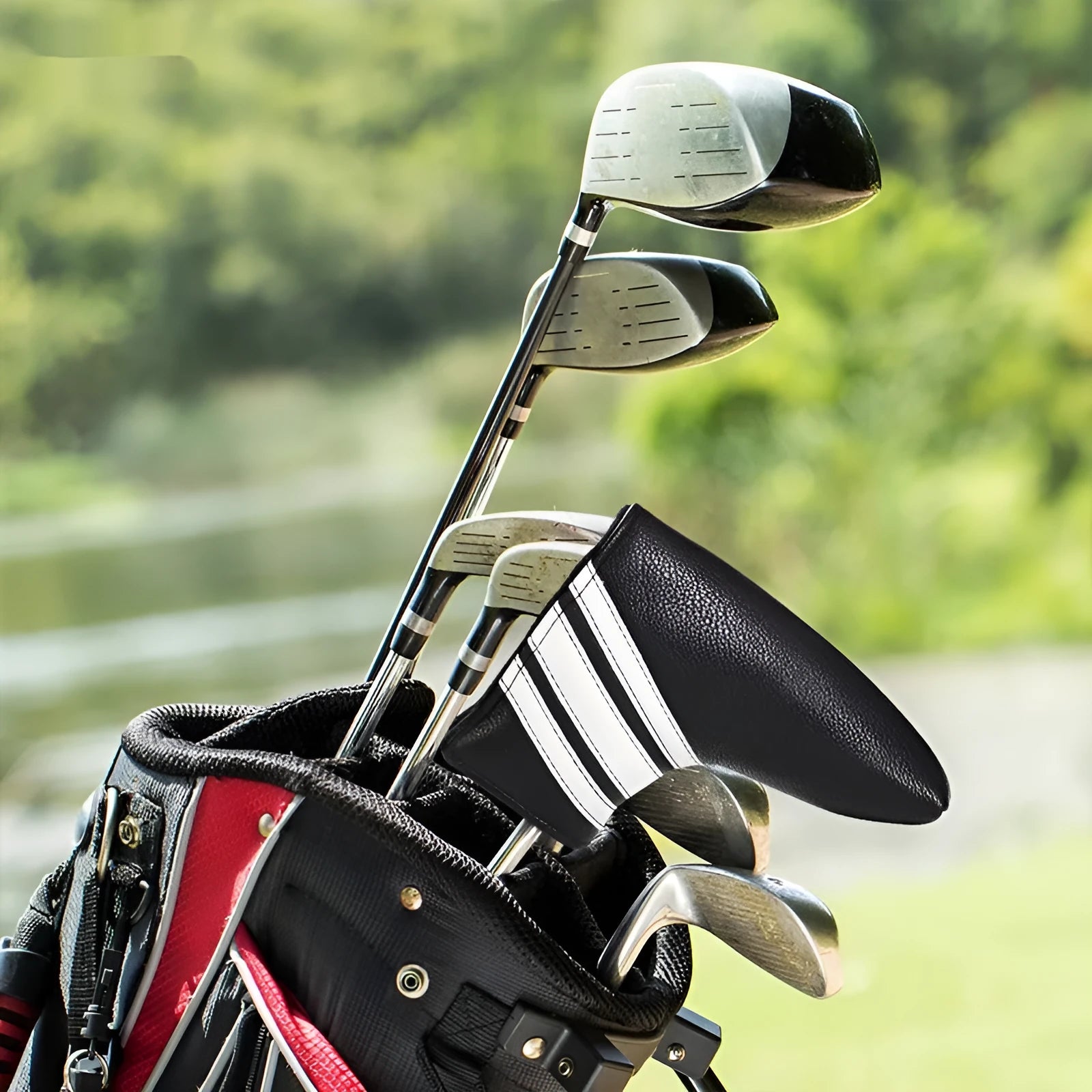 Black PU leather golf push rod sleeve case for storing a club head cover.