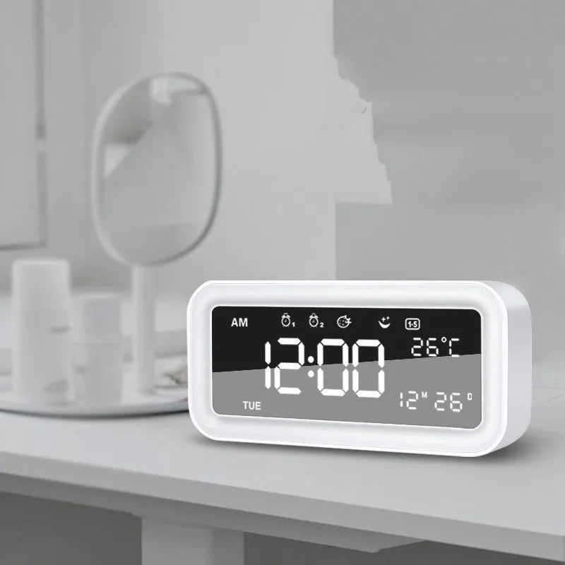 Rectangular blue multifunctional LED alarm clock with digital display and multicoloured atmosphere lighting