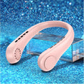 White bladeless neck fan worn around the neck showing its annular air outlet and modern design
