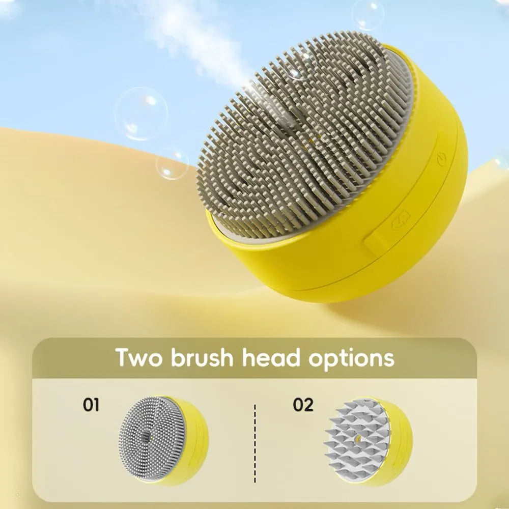 Green or yellow rechargeable pet steam brush with silicone bristles for grooming cats and dogs.