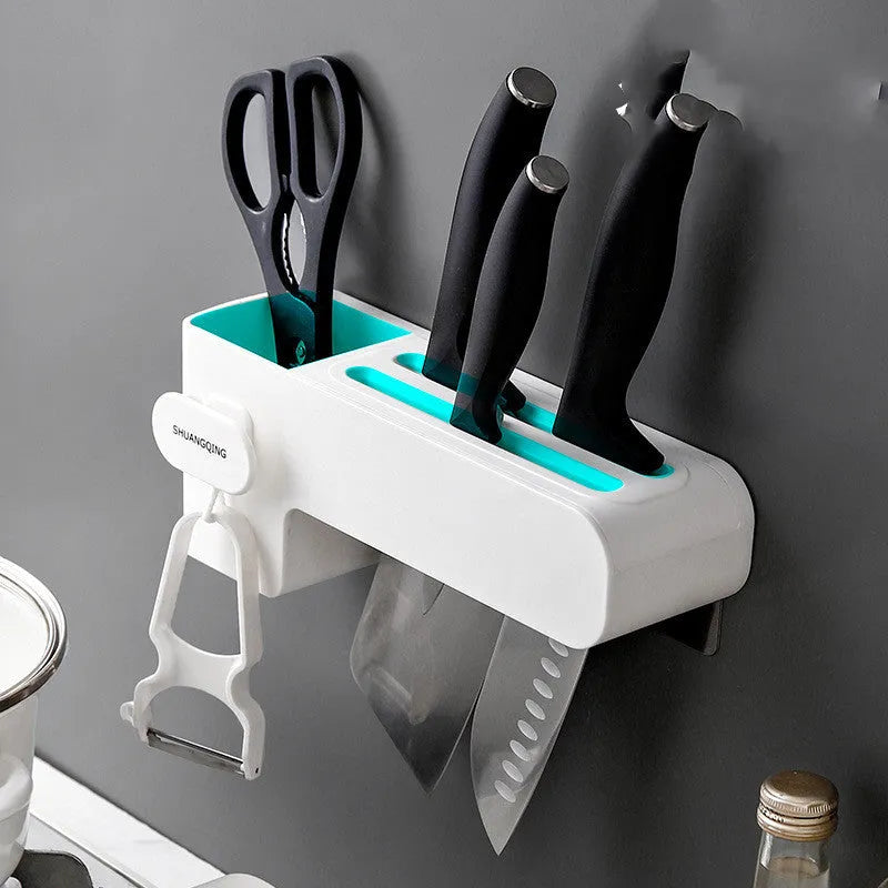 White plastic kitchen knife storage block with modern simple design on countertop
