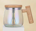 400ml borosilicate glass self-stirring coffee mug with electric mixing button in clear, champagne gold, and rainbow blue colours