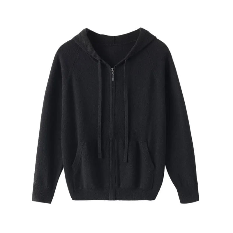 Men's hooded knitted cashmere cardigan with zipper front in solid colours for business casual wear