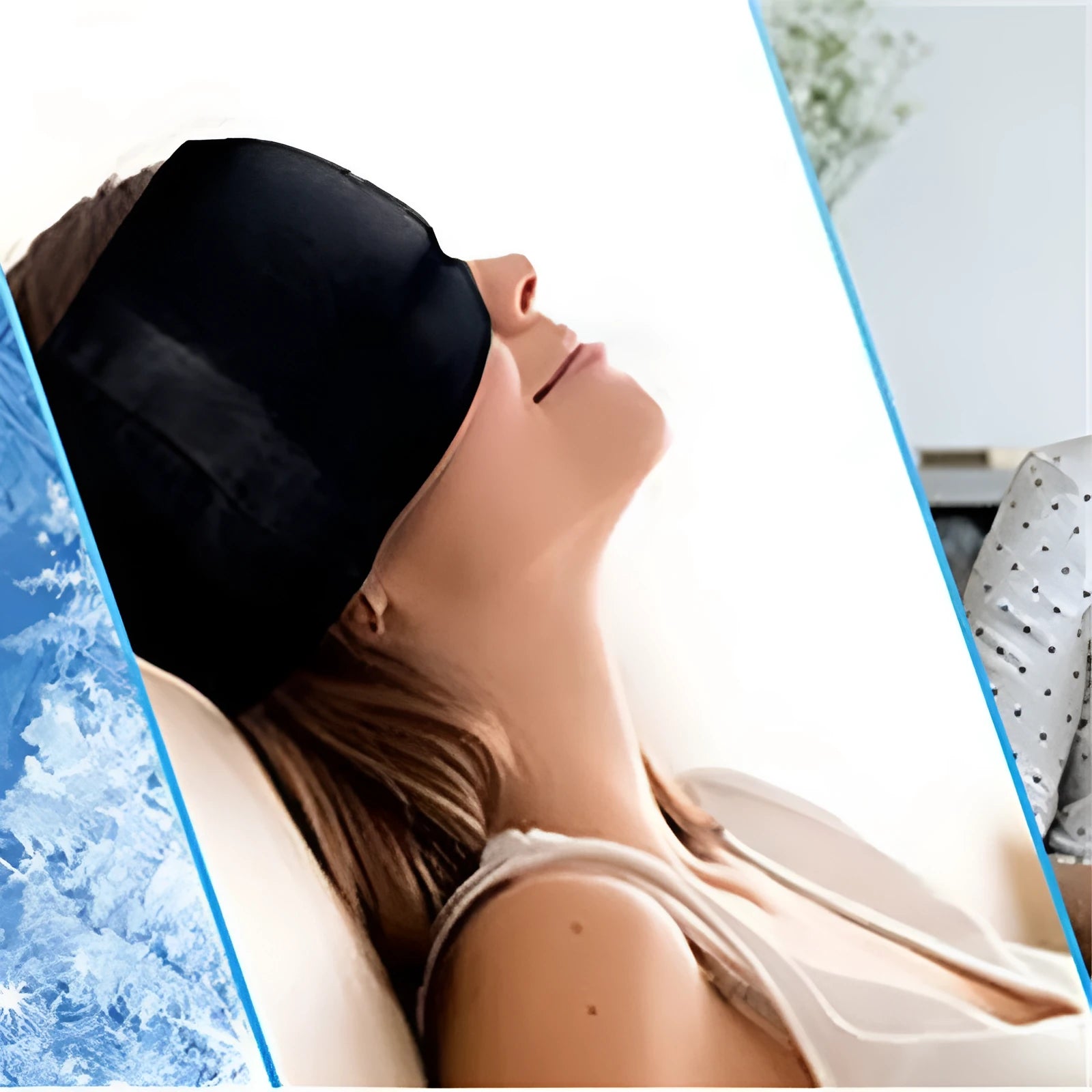 Black elastic cloth gel ice eye mask for headache relief, shown adjusted on a head model.