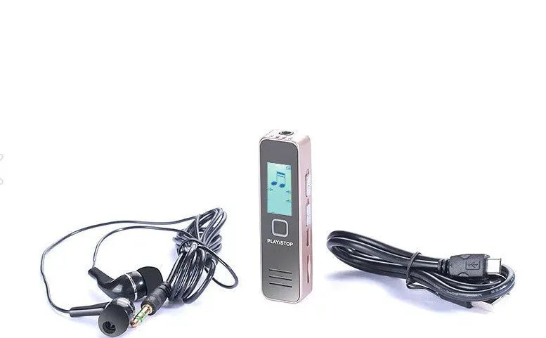 Compact black digital voice recorder with display showing recording time