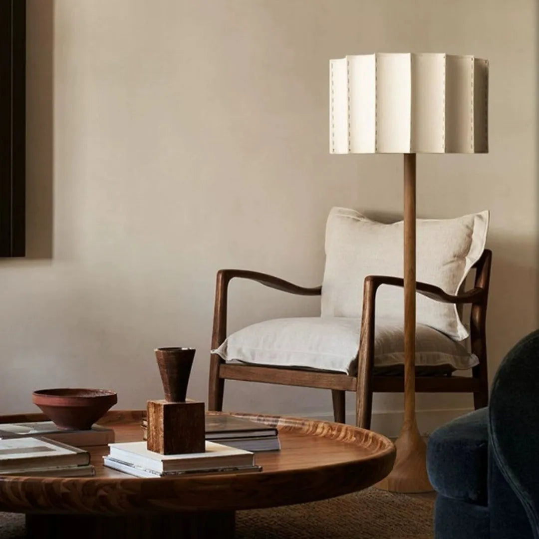 Japanese-style solid wood table lamp with three-color light source, 32x50cm, in a living room setting