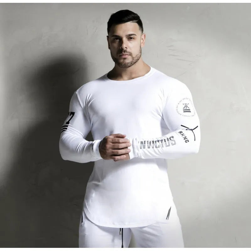 Men's milk silk long sleeve round neck fitness top with letter print in black, shown on a dark background
