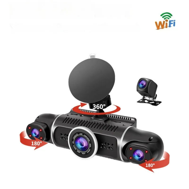 Dual-lens HD driving recorder with 3.5-inch LCD screen mounted on car windshield.