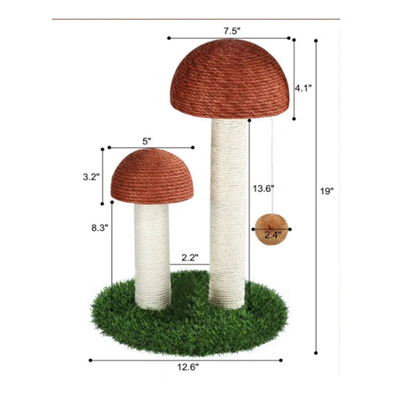 Cotton rope mushroom cat scratch post in Coffee Mushroom with Ball colour for indoor cats