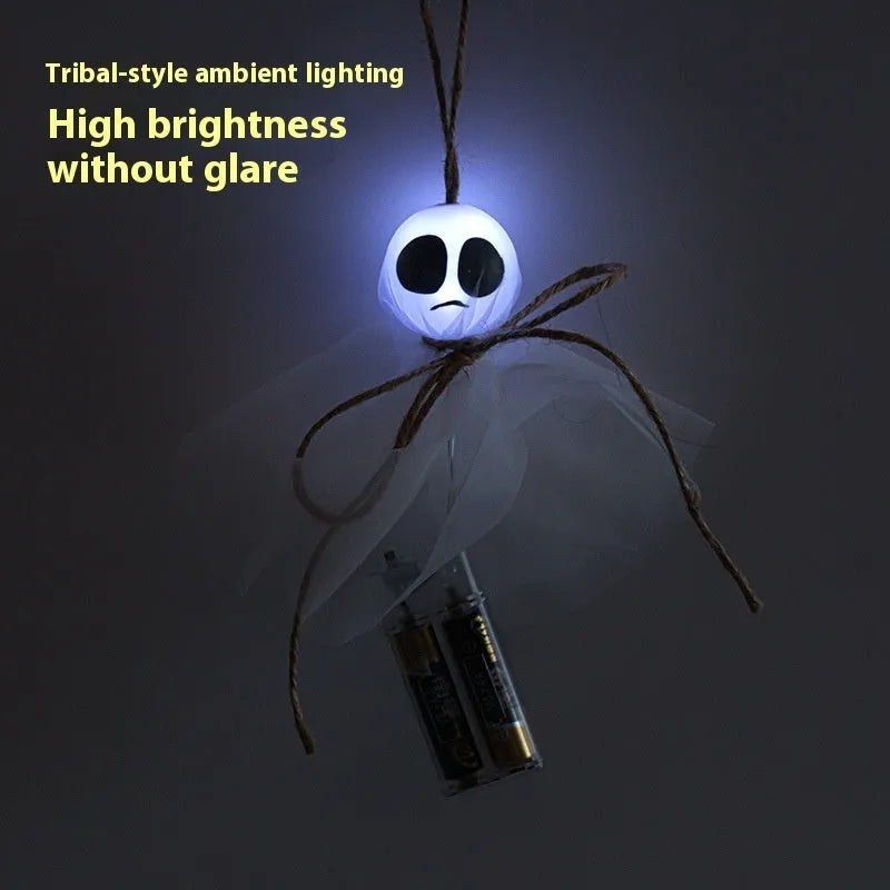 Halloween ghost LED lighting chain with colourful battery-operated lights showing six different ghost design variations