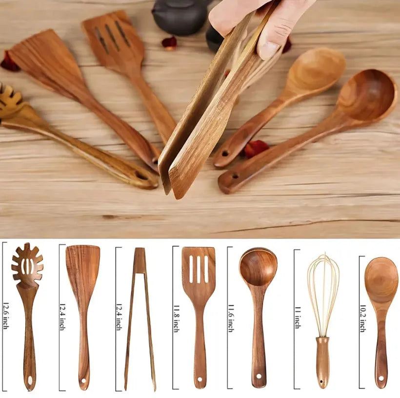 Seven wooden spoon shovels arranged together as a cooking utensil set for non-stick pans