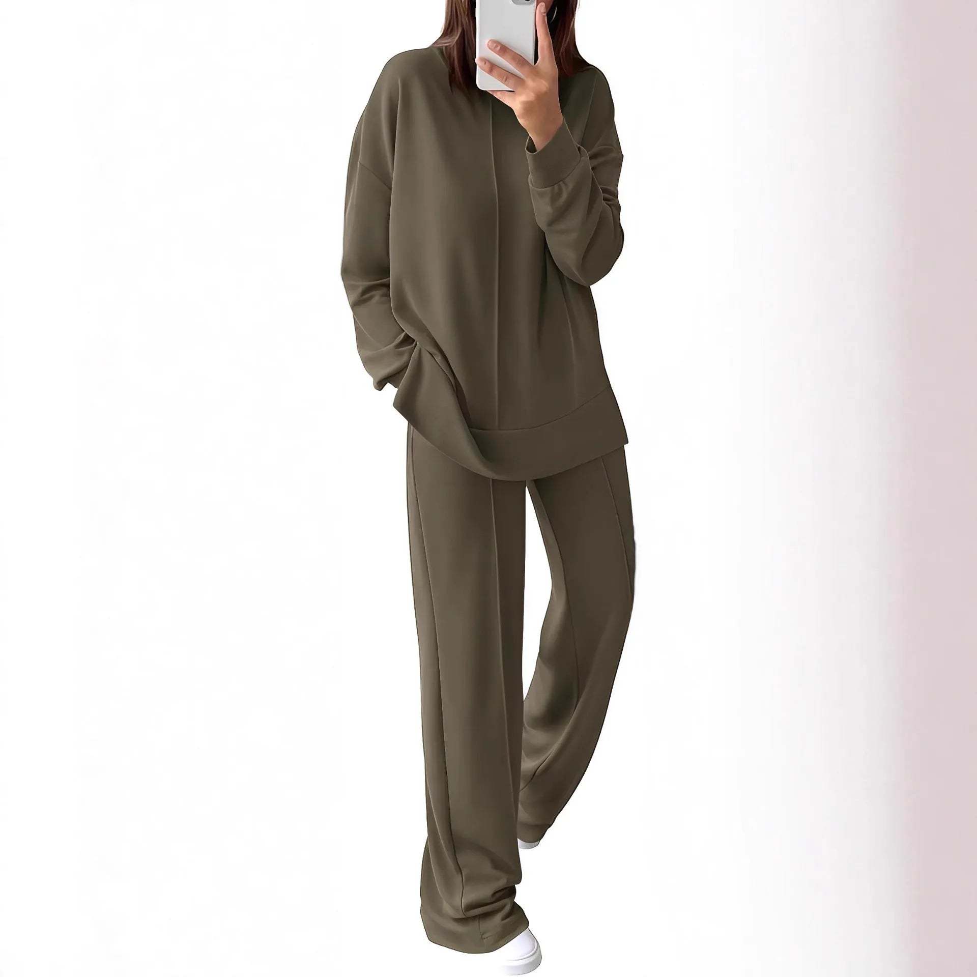Women's long-sleeve polyester jogging suit set in Army Green colour with regular sleeves and matching trousers