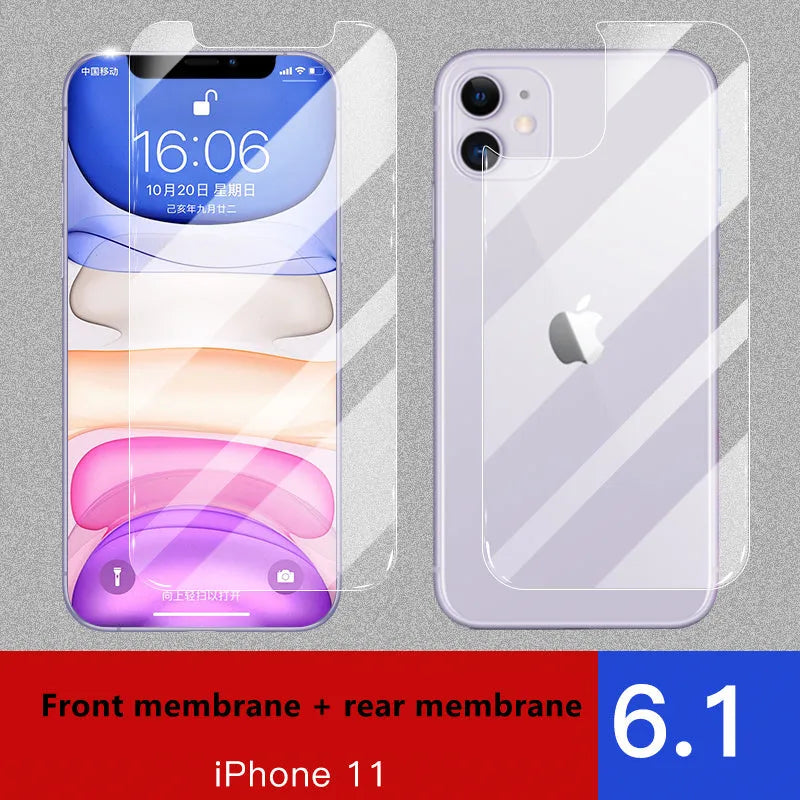 iPhone 11 Pro Max tempered glass screen protector with rear film showing 10D explosion-proof edges.