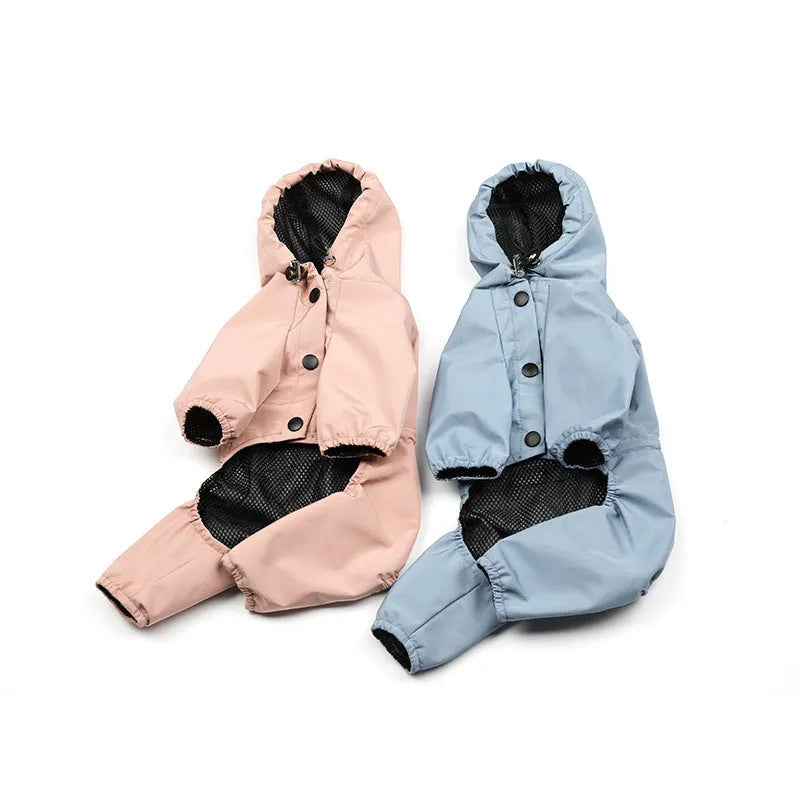 Blue waterproof hooded reflective raincoat for dogs on a white background