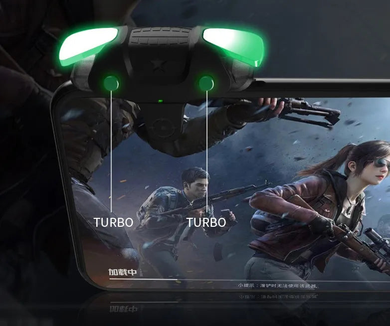 Black F5 telescopic mobile game controller with joysticks holding a smartphone