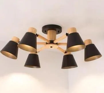 Nordic macaron style ceiling pendant lamp with ironwood frame showing multiple head configuration
