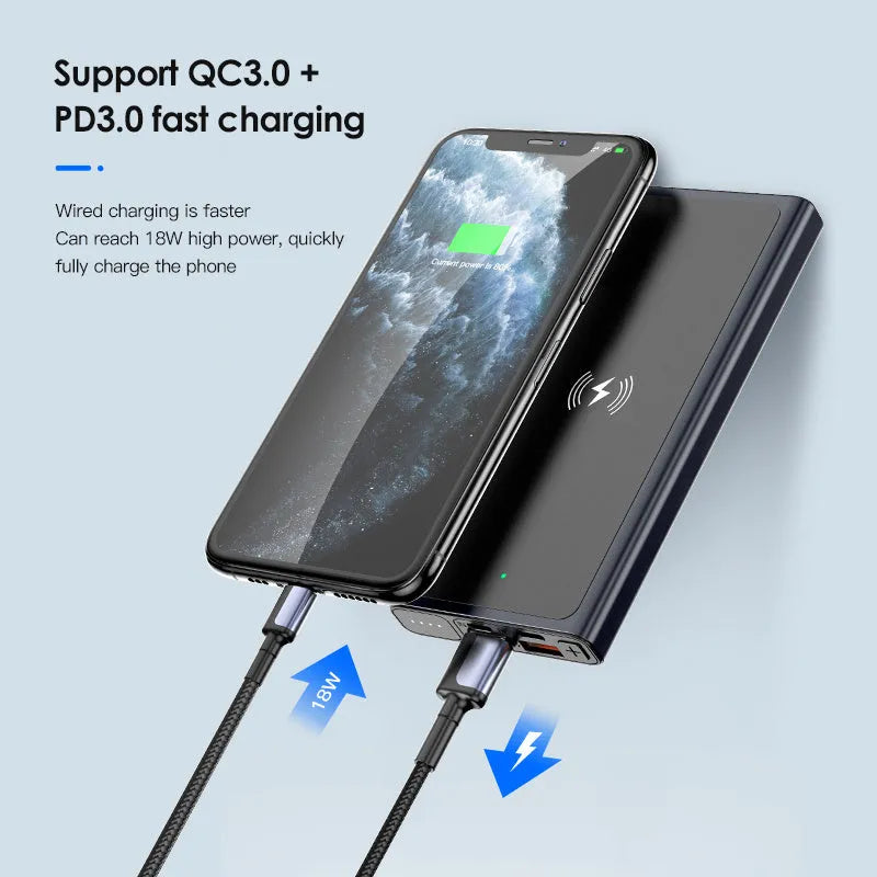 Black and blue aluminium alloy wireless power bank with 10000mAh capacity