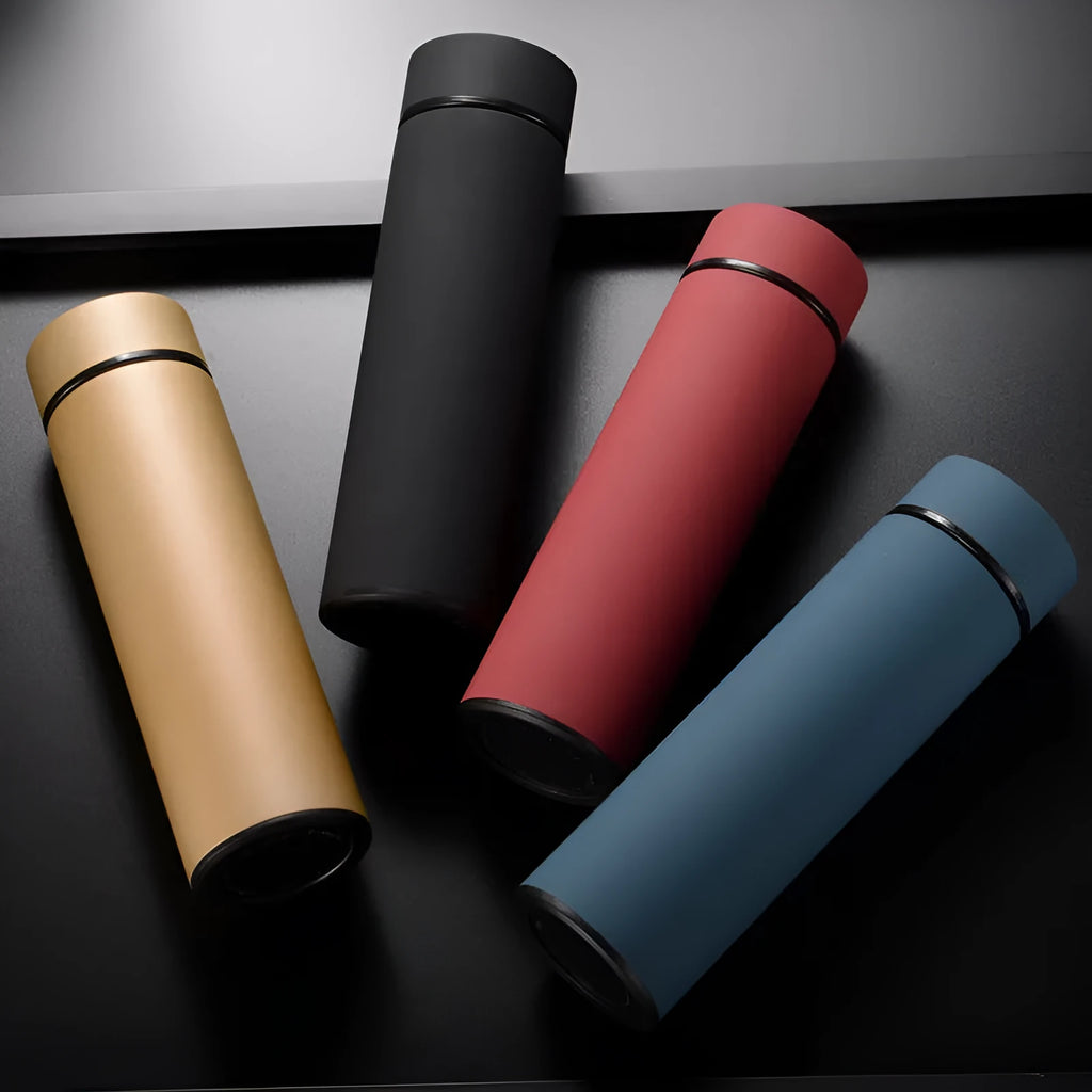 Straight style stainless steel water bottle with double-wall vacuum insulation in black, red, gold, or blue.