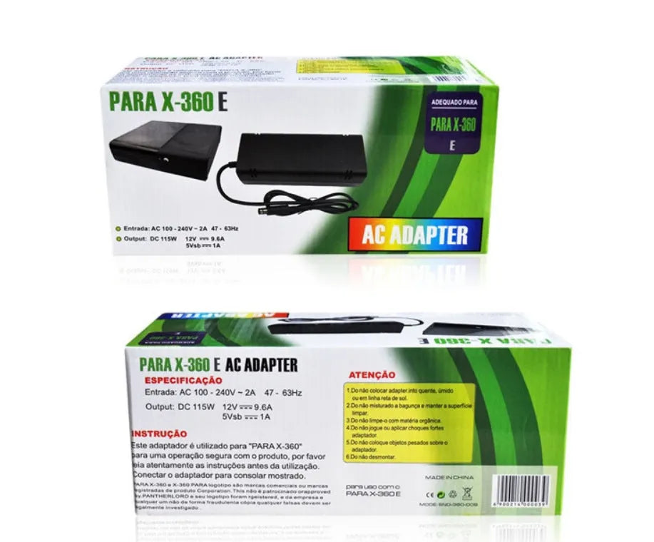 Black Microsoft Xbox 360 E AC power adapter with cable and plug.
