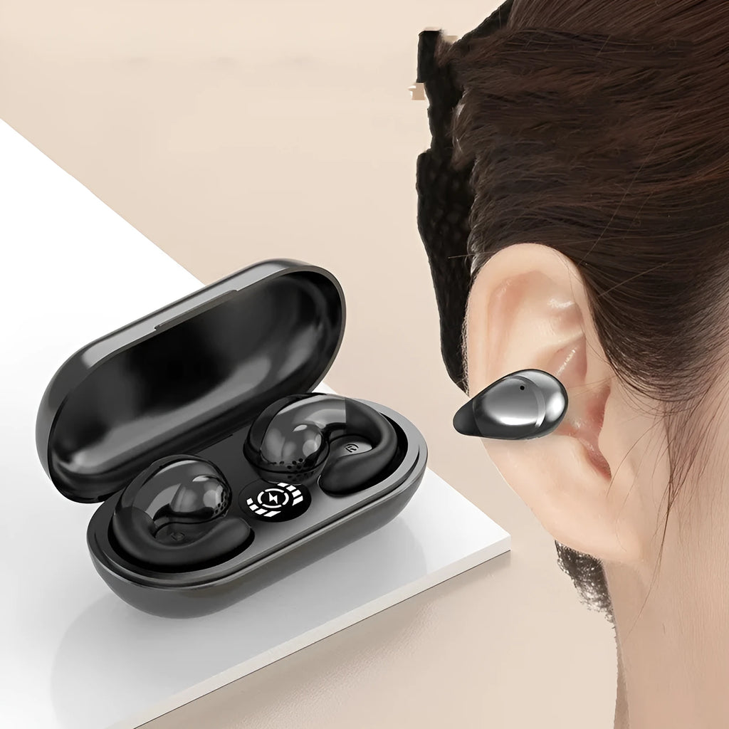 Black wireless Bluetooth sports headphones with ear clip design on a grey background.