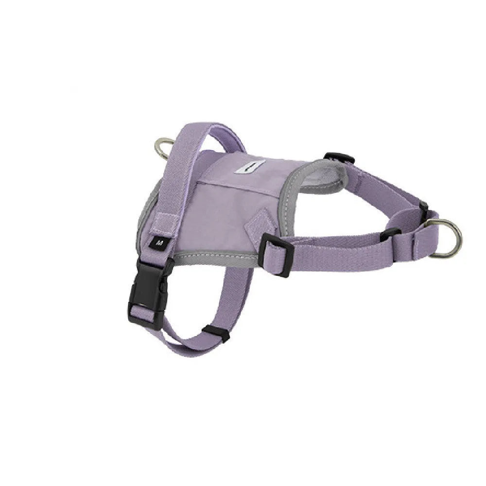 Dog chest back vest leash in buckwheat grey made from eco-friendly RPET and nylon with adjustable straps