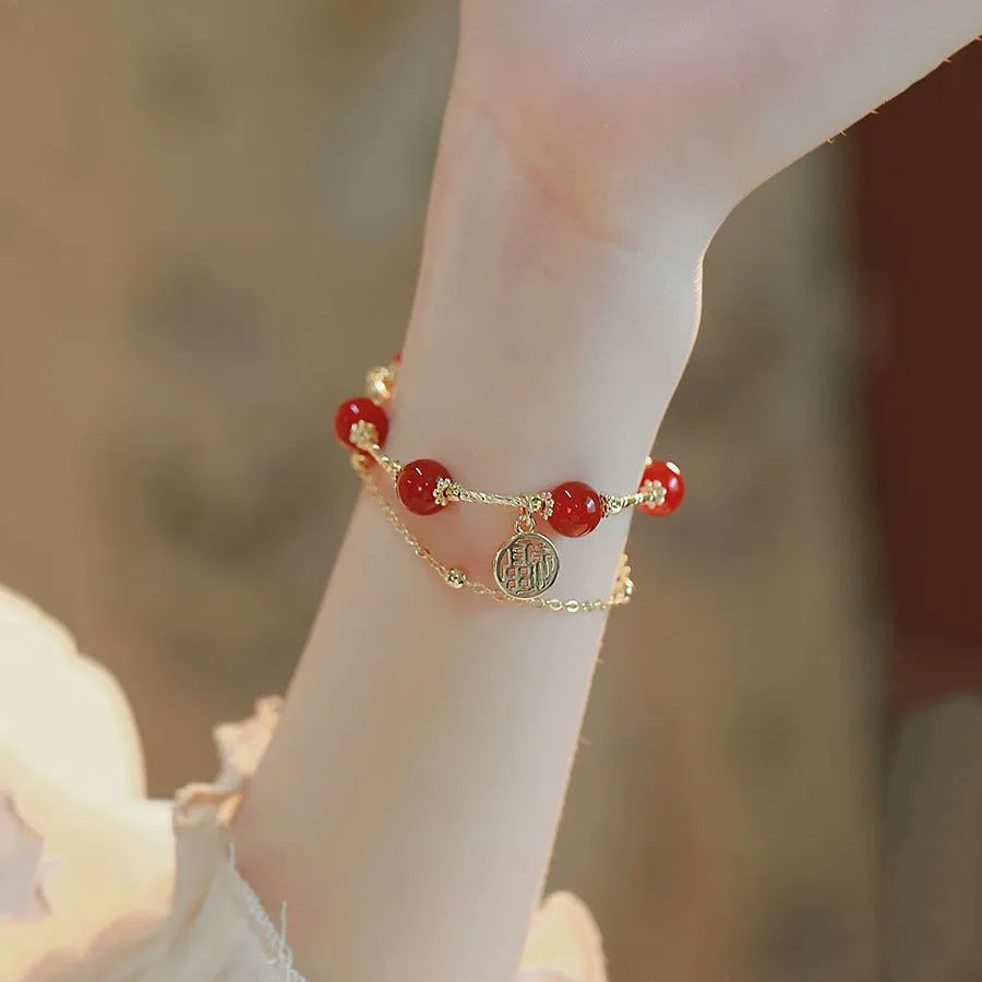 Red agate and alloy double-layer bracelet with red horse blessing card motif and chamfered square pattern details