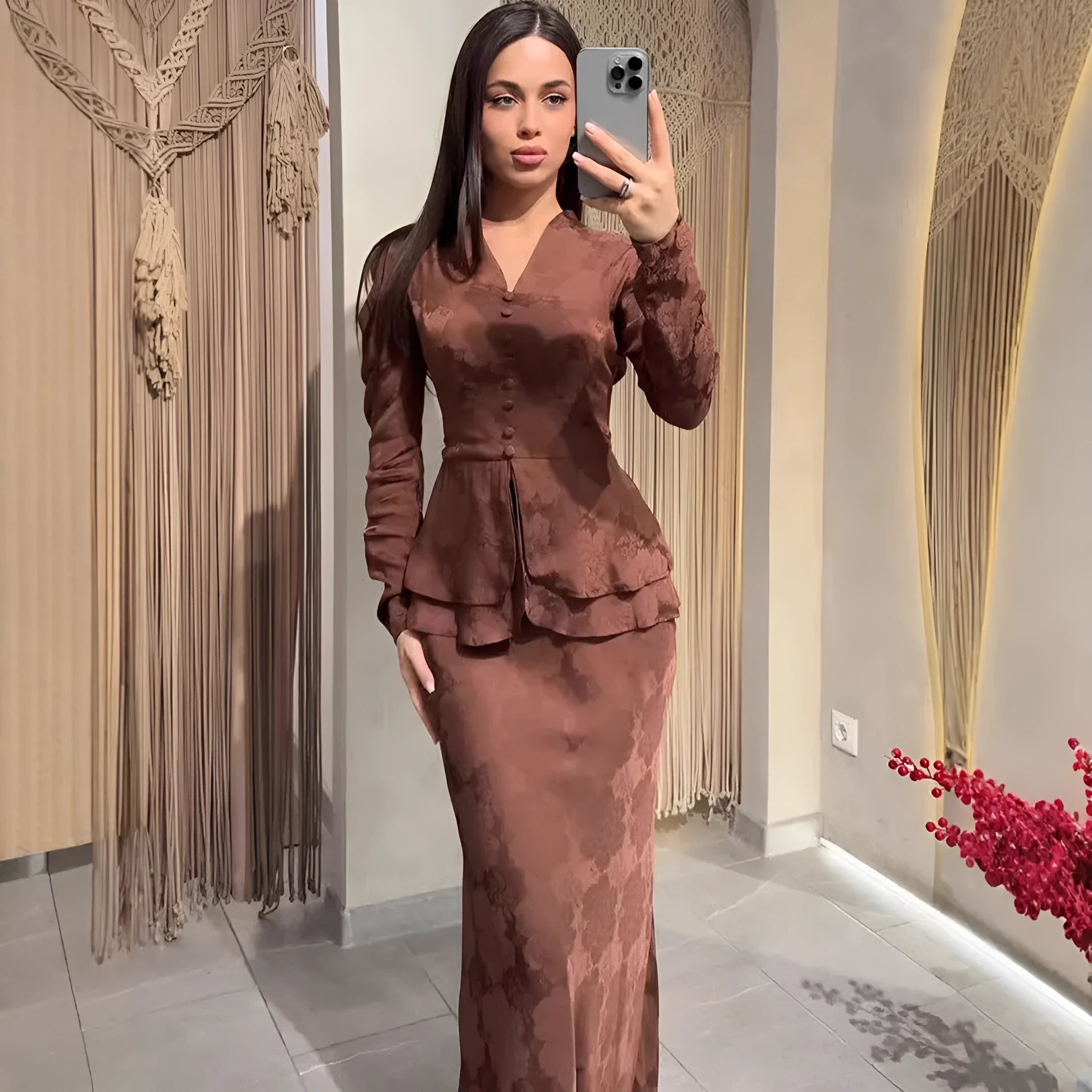 Dark brown women's retro dress with botanical pattern, long sleeves, and a fake two-piece design.