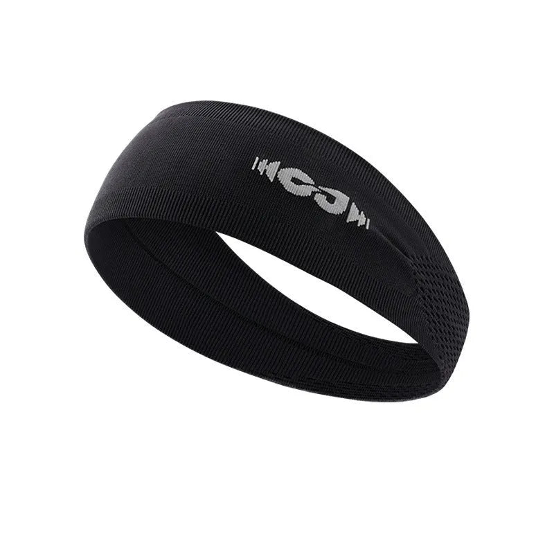 Seamless knitted stretch hair band for sports in black, grey and blue colours.